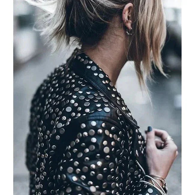 women's black designer leather biker jacket with silver studs -