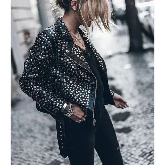 women's black designer leather biker jacket with silver studs -
