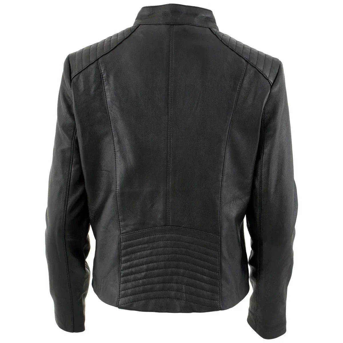 women's black leather scuba style jacket with snap mandarin collar -