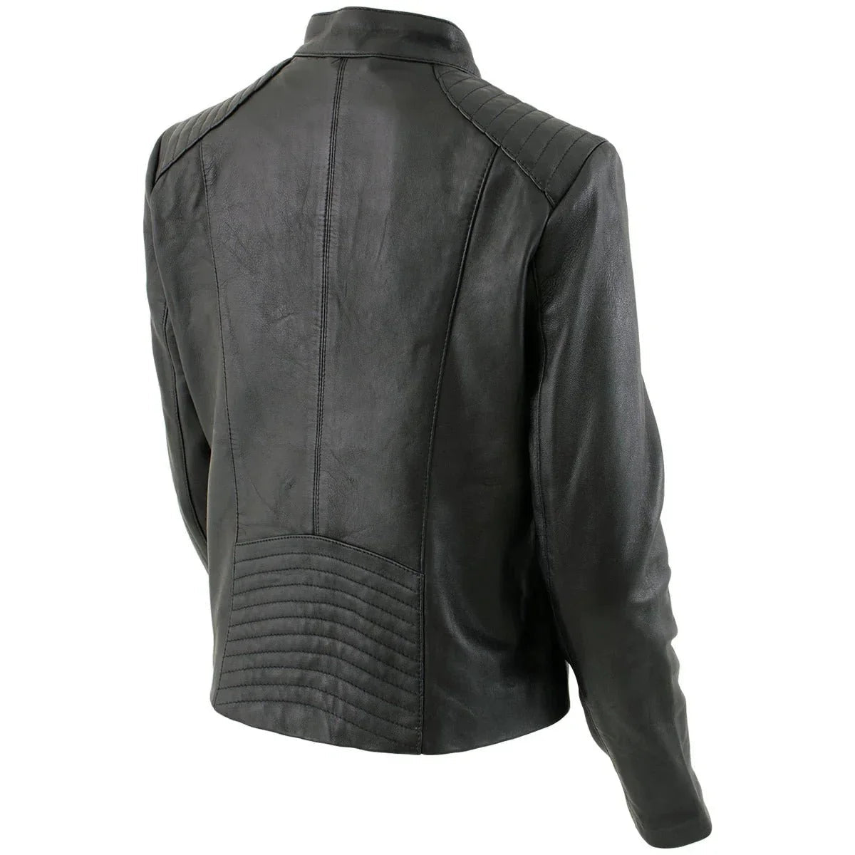 women's black leather scuba style jacket with snap mandarin collar -