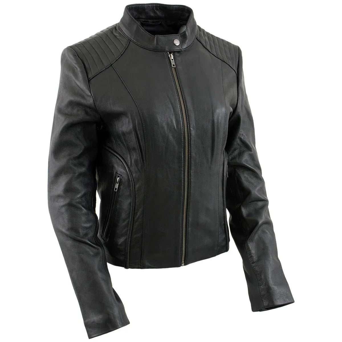 women's black leather scuba style jacket with snap mandarin collar -