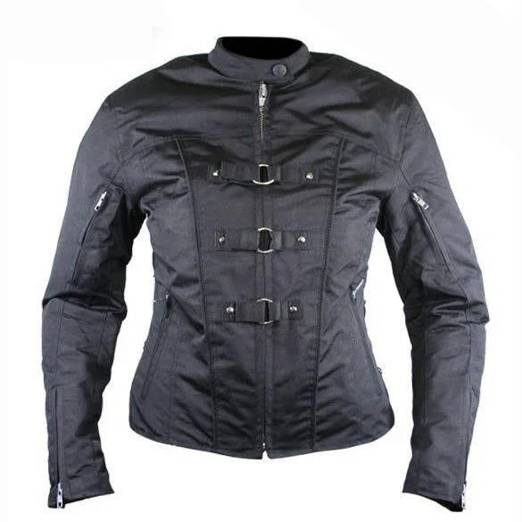 women’s removable armor black fabric motorcycle jacket -