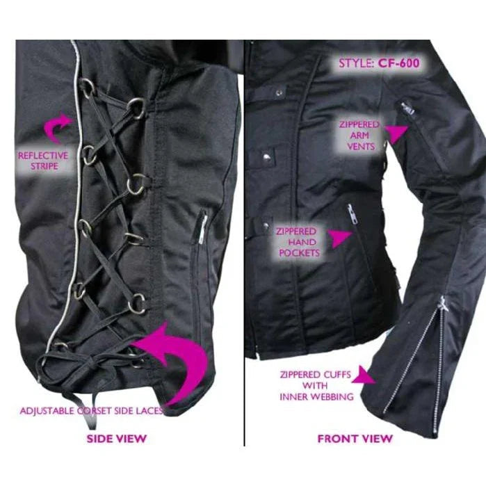 women’s removable armor black fabric motorcycle jacket -